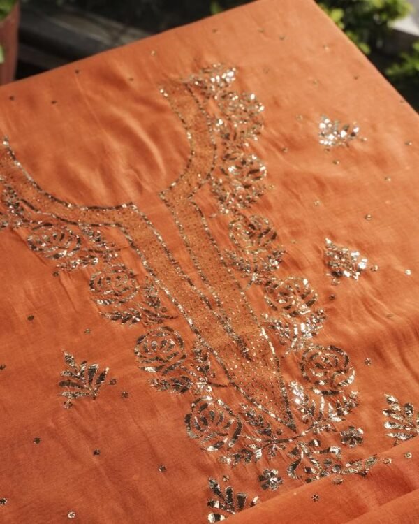 Orange Chanderi Mukaish Badla Unstitched Kurta Dupatta Set - Image 7