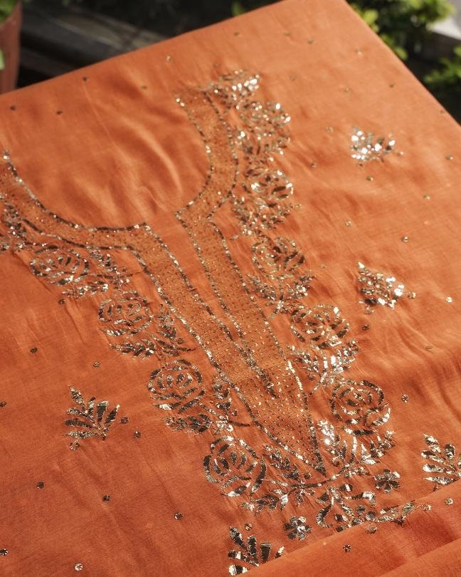 Orange Chanderi Mukaish Badla Unstitched Kurta Dupatta Set
