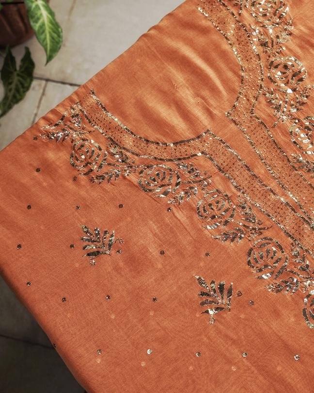 Orange Chanderi Mukaish Badla Unstitched Kurta Dupatta Set