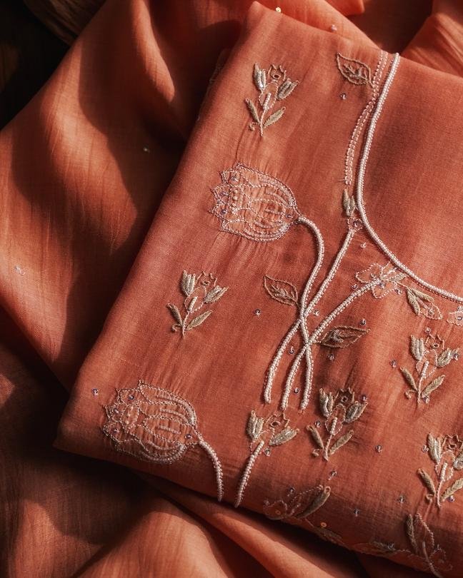 Orange Mal Chanderi Silk Chikankari With Sequins Unstitched Kurta Dupatta Set