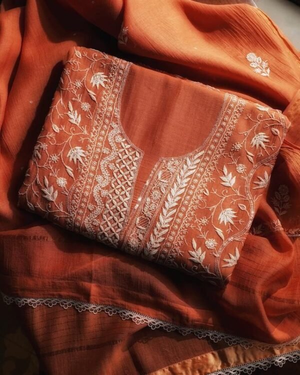 Orange Mal Chanderi Silk Chikankari With Sequins Unstitched Kurta Dupatta Set - Image 3