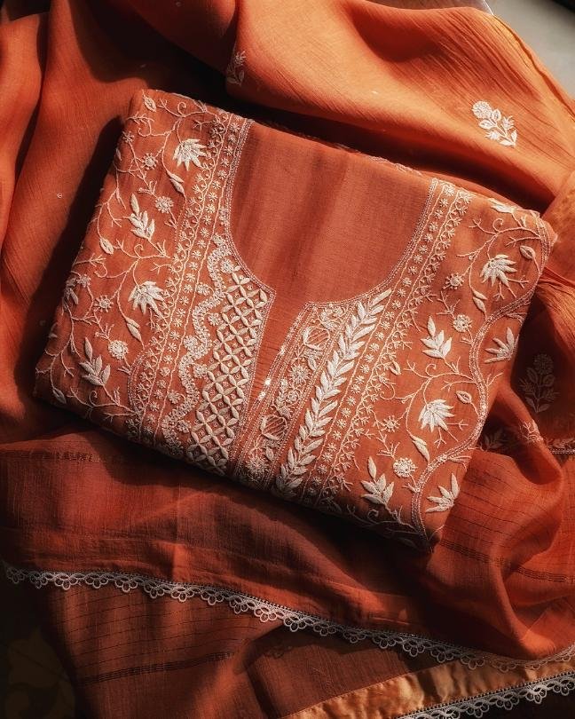 Orange Mal Chanderi Silk Chikankari With Sequins Unstitched Kurta Dupatta Set