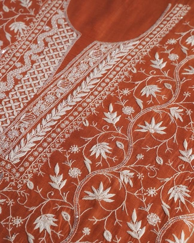 Orange Mal Chanderi Silk Chikankari With Sequins Unstitched Kurta Dupatta Set