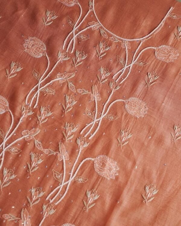 Orange Mal Chanderi Silk Chikankari With Sequins Unstitched Kurta Dupatta Set - Image 3