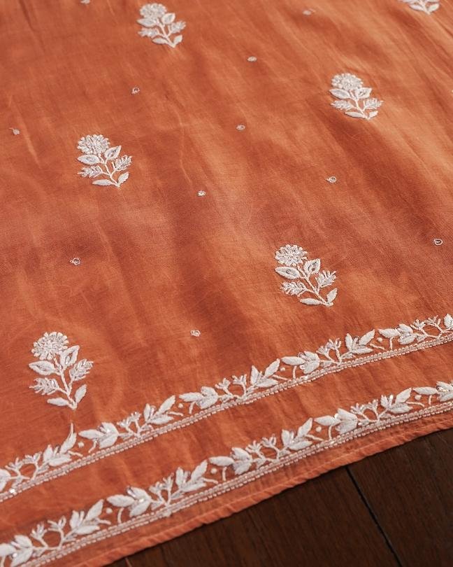 Orange Mal Chanderi Silk Chikankari With Sequins Unstitched Kurta Dupatta Set