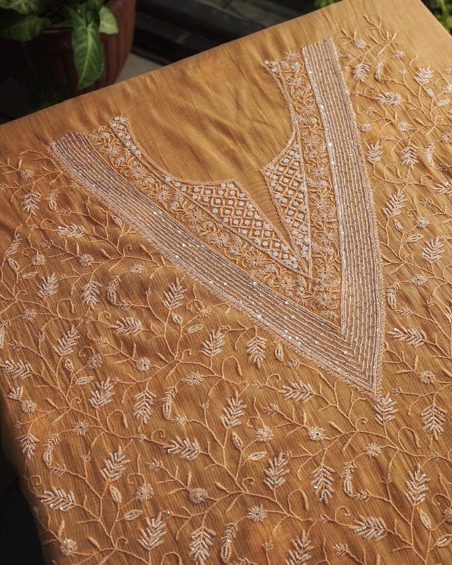 Orange Mal Chanderi Silk Chikankari With Sequins Unstitched Kurta Dupatta Set