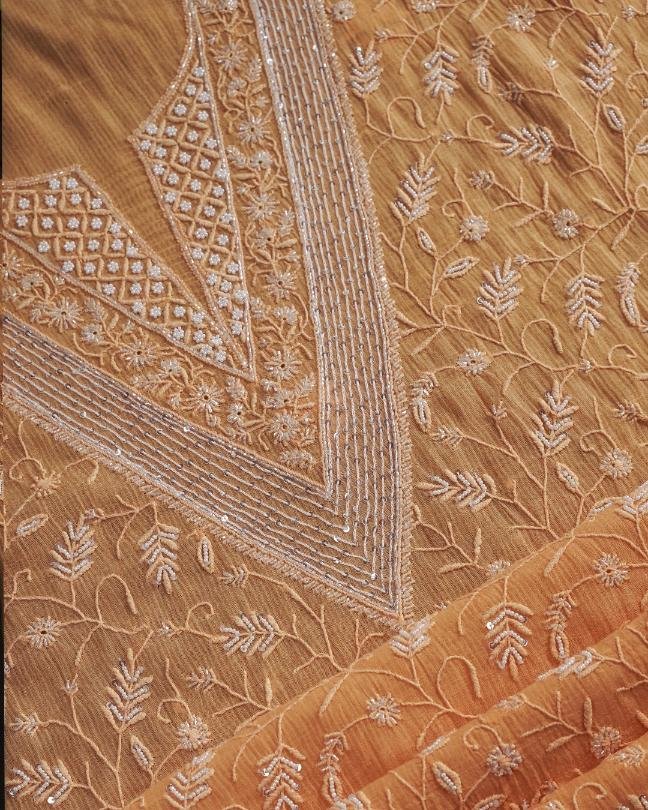Orange Mal Chanderi Silk Chikankari With Sequins Unstitched Kurta Dupatta Set