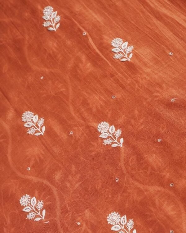 Orange Mal Chanderi Silk Chikankari With Sequins Unstitched Kurta Dupatta Set - Image 7