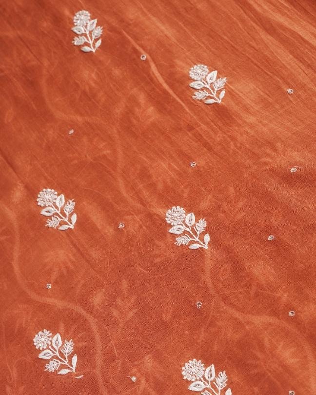 Orange Mal Chanderi Silk Chikankari With Sequins Unstitched Kurta Dupatta Set