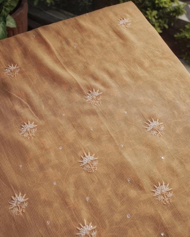 Orange Mal Chanderi Silk Chikankari With Sequins Unstitched Kurta Dupatta Set
