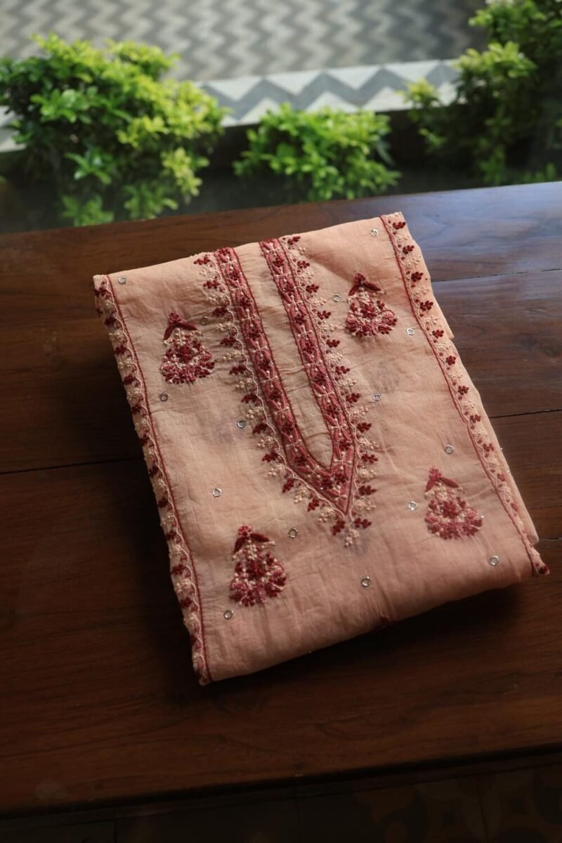 Pastel Pink Organdy Chikankari Unstitched Kurta Fabric With Mukaish Kamdani