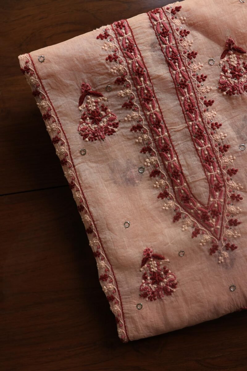 Pastel Pink Organdy Chikankari Unstitched Kurta Fabric With Mukaish Kamdani
