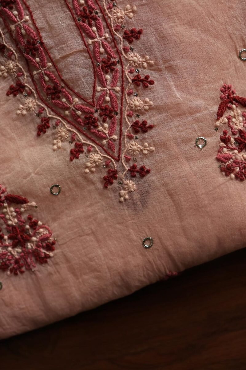 Pastel Pink Organdy Chikankari Unstitched Kurta Fabric With Mukaish Kamdani