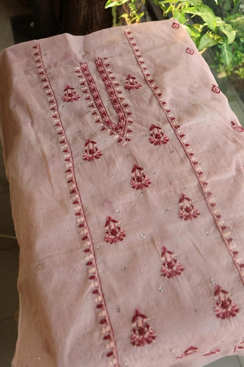 Pastel Pink Organdy Chikankari Unstitched Kurta Fabric With Mukaish Kamdani
