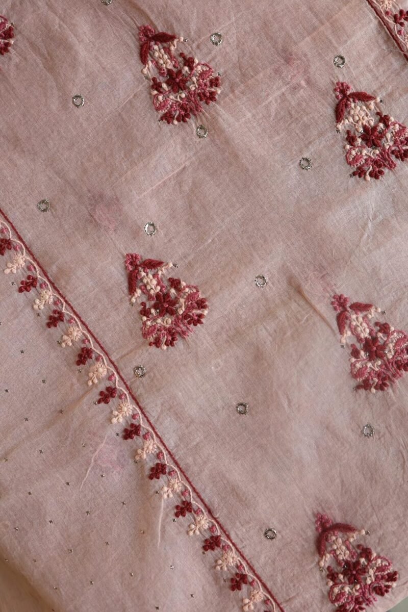 Pastel Pink Organdy Chikankari Unstitched Kurta Fabric With Mukaish Kamdani