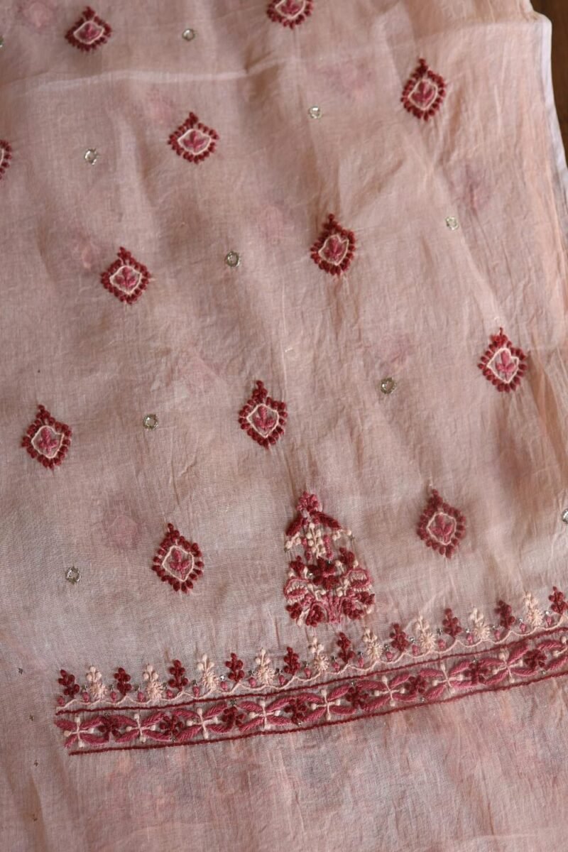 Pastel Pink Organdy Chikankari Unstitched Kurta Fabric With Mukaish Kamdani