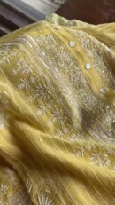 Pastel Yellow Soft Malmal Stripe Pattern Pearl Work Chikankari Kurta Set