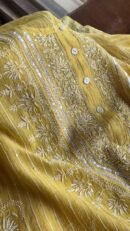 Pastel Yellow Soft Malmal Stripe Pattern Pearl Work Chikankari Kurta Set