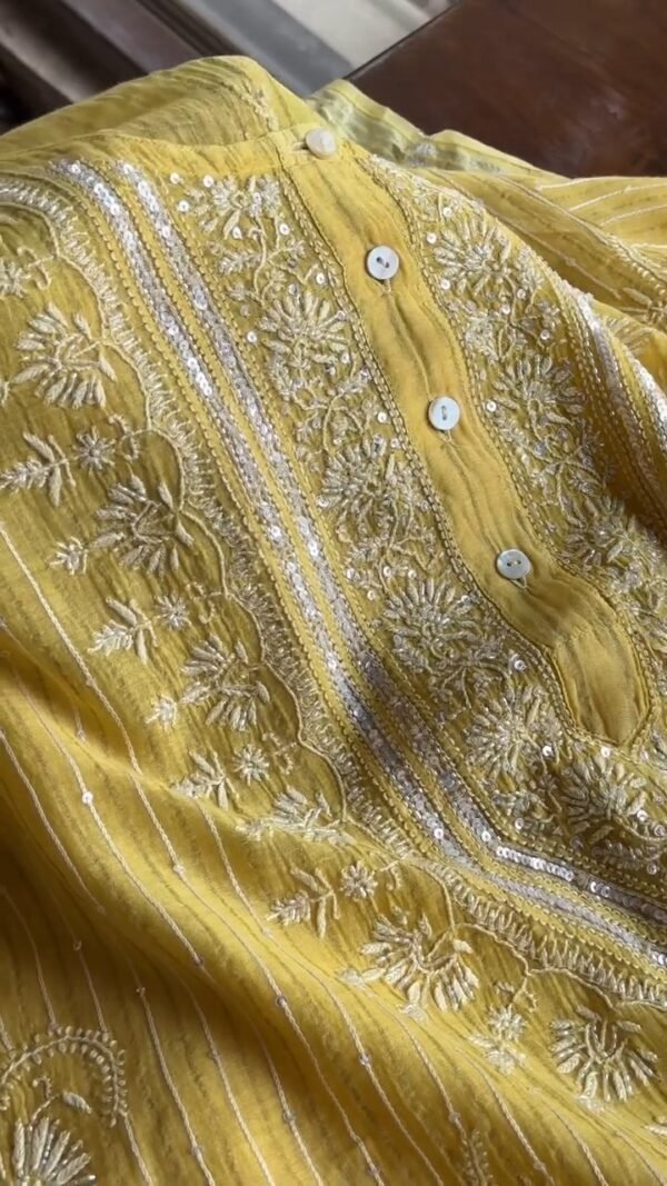 Pastel Yellow Soft Malmal Stripe Pattern Pearl Work Chikankari Kurta Set - Image 11