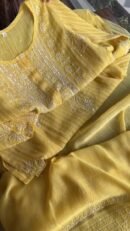 Pastel Yellow Soft Malmal Stripe Pattern Pearl Work Chikankari Kurta Set