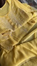 Pastel Yellow Soft Malmal Stripe Pattern Pearl Work Chikankari Kurta Set