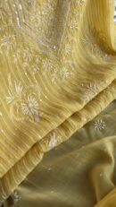 Pastel Yellow Soft Malmal Stripe Pattern Pearl Work Chikankari Kurta Set
