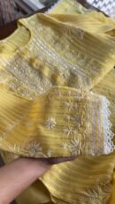 Pastel Yellow Soft Malmal Stripe Pattern Pearl Work Chikankari Kurta Set