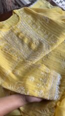 Pastel Yellow Soft Malmal Stripe Pattern Pearl Work Chikankari Kurta Set