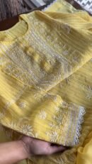 Pastel Yellow Soft Malmal Stripe Pattern Pearl Work Chikankari Kurta Set