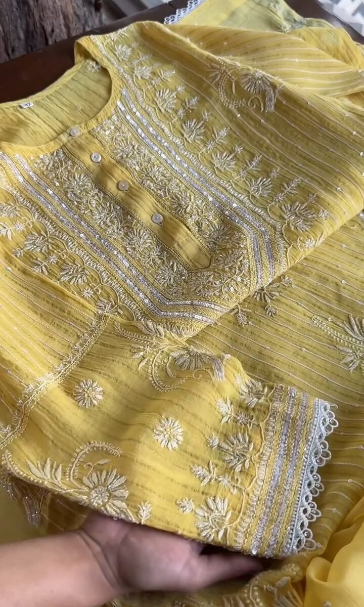 Pastel Yellow Soft Malmal Stripe Pattern Pearl Work Chikankari Kurta Set