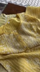 Pastel Yellow Soft Malmal Stripe Pattern Pearl Work Chikankari Kurta Set