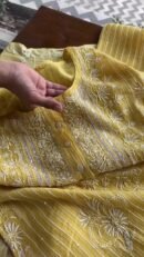 Pastel Yellow Soft Malmal Stripe Pattern Pearl Work Chikankari Kurta Set