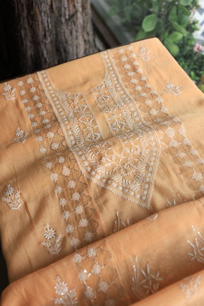 Peach Daraz Chanderi Chikankari Kurta Fabrics