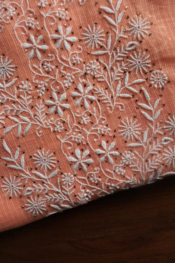 Peach Kota Cotton Chikankari Unstitched Kurta Fabric - Image 2