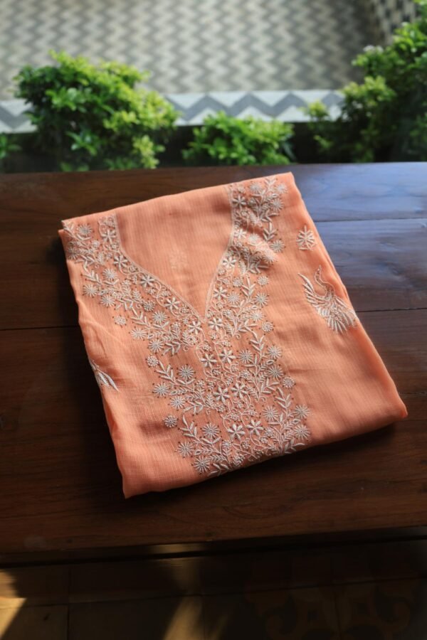 Peach Kota Cotton Chikankari Unstitched Kurta Fabric - Image 3
