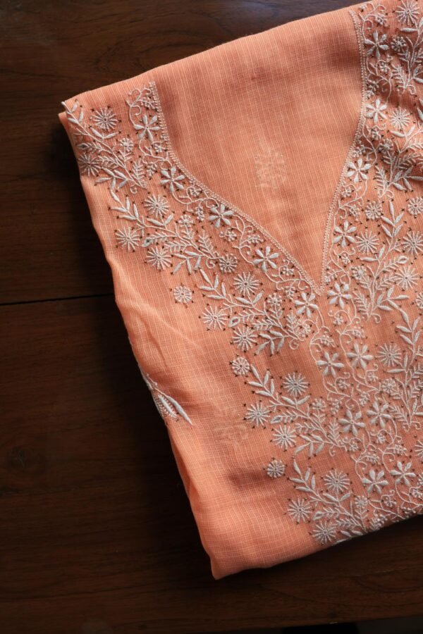 Peach Kota Cotton Chikankari Unstitched Kurta Fabric - Image 4