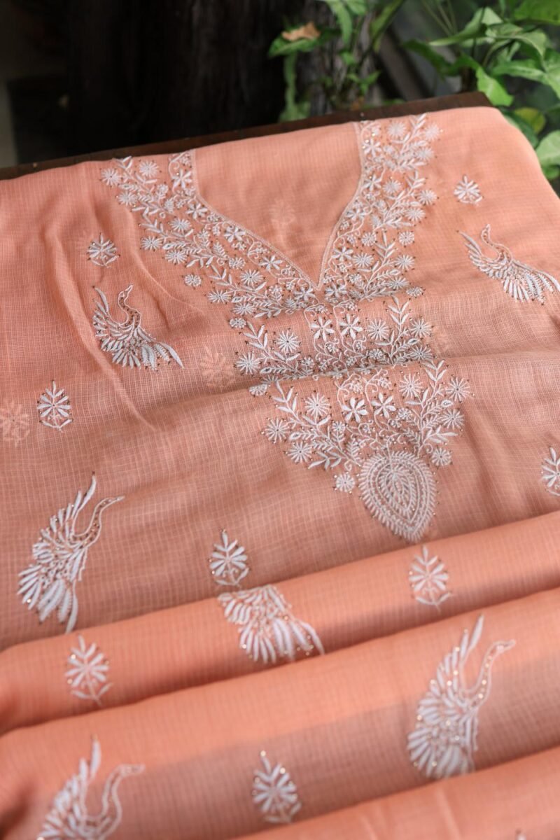 Peach Kota Cotton Chikankari Unstitched Kurta Fabric