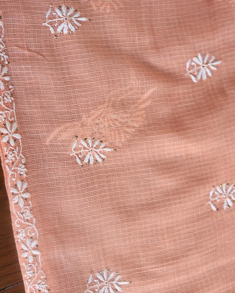 Peach Kota Cotton Chikankari Unstitched Kurta Fabric