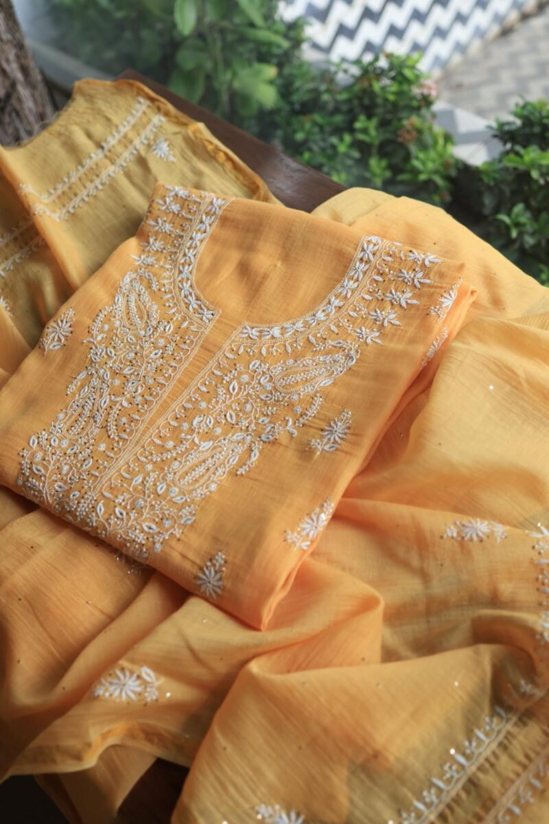 Peach Mal Cotton Chikankari Unstitched Kurta Dupatta Fabrics With Kamdani