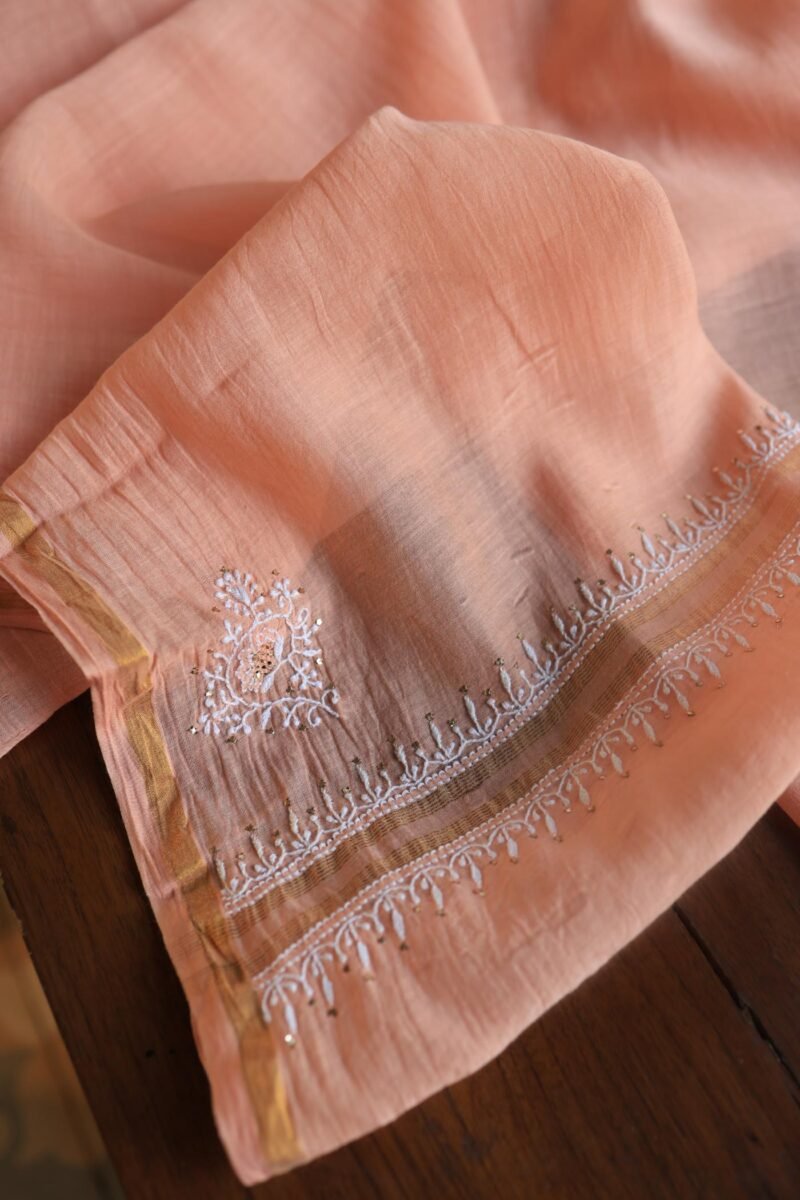 Peach Mal Cotton Chikankari Unstitched Kurta Dupatta Fabrics With Kamdani