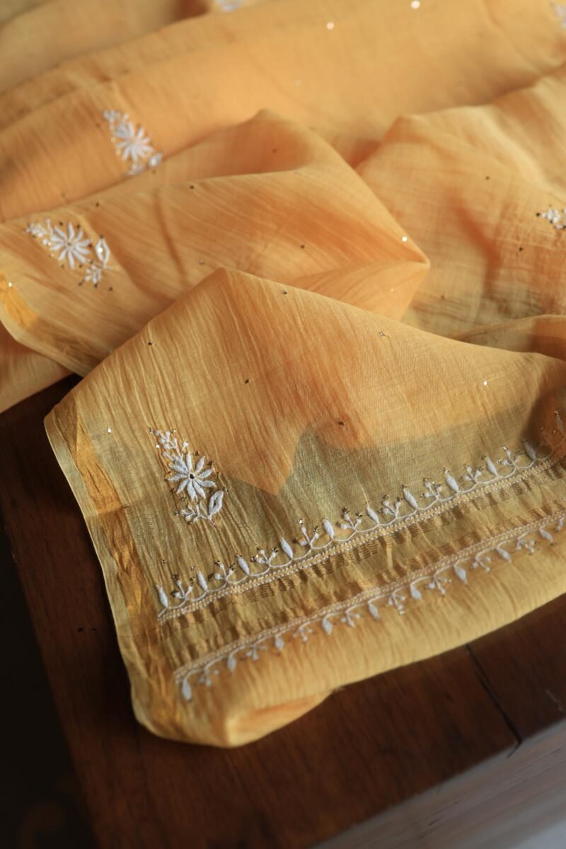 Peach Mal Cotton Chikankari Unstitched Kurta Dupatta Fabrics With Kamdani