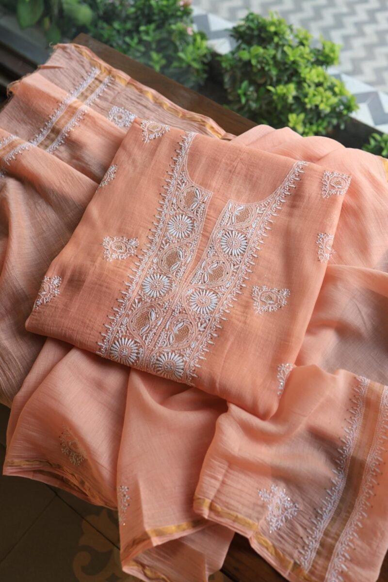 Peach Mal Cotton Chikankari Unstitched Kurta Dupatta Fabrics With Kamdani