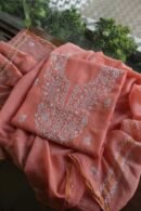 Peach Mal Cotton Chikankari Unstitched Kurta Dupatta Fabrics With Kamdani