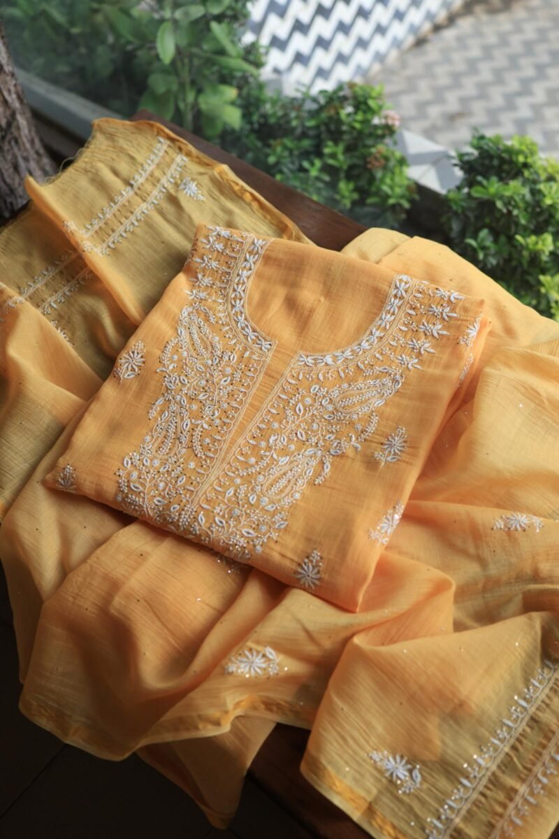 Peach Mal Cotton Chikankari Unstitched Kurta Dupatta Fabrics With Kamdani