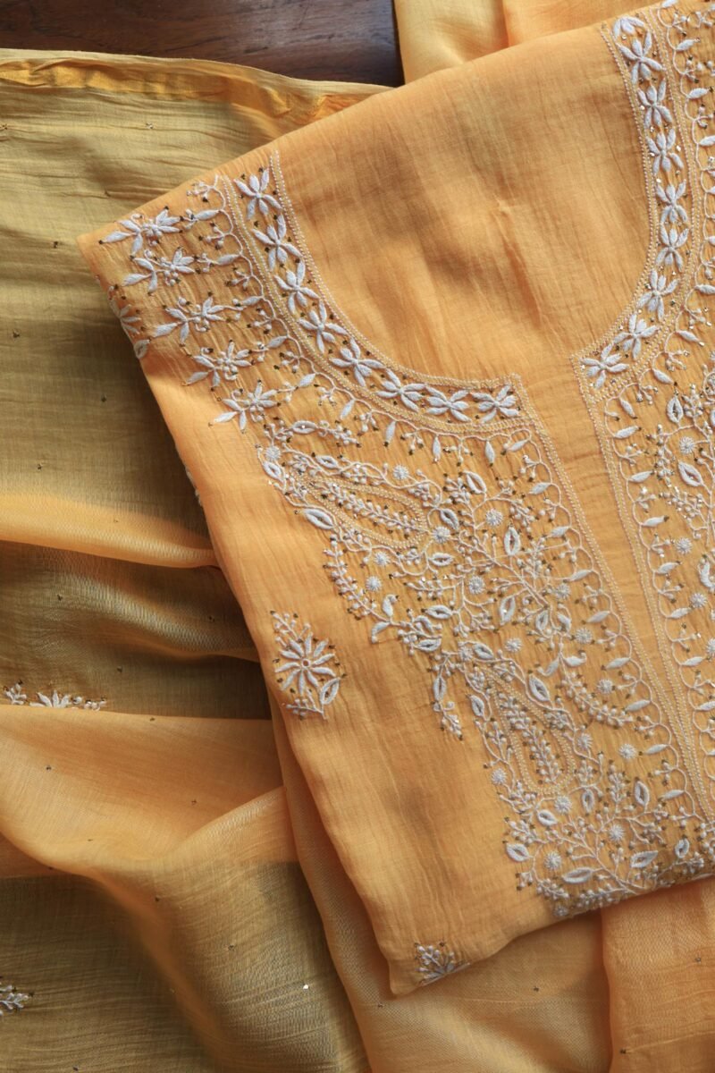 Peach Mal Cotton Chikankari Unstitched Kurta Dupatta Fabrics With Kamdani