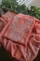 Peach Mal Cotton Chikankari Unstitched Kurta Dupatta Fabrics With Kamdani
