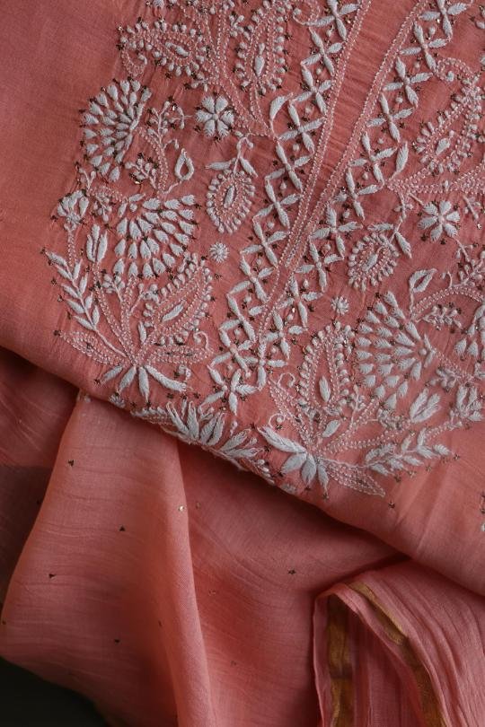 Peach Mal Cotton Chikankari Unstitched Kurta Dupatta Fabrics With Kamdani