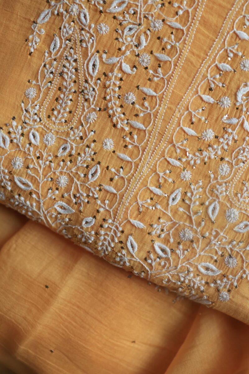 Peach Mal Cotton Chikankari Unstitched Kurta Dupatta Fabrics With Kamdani