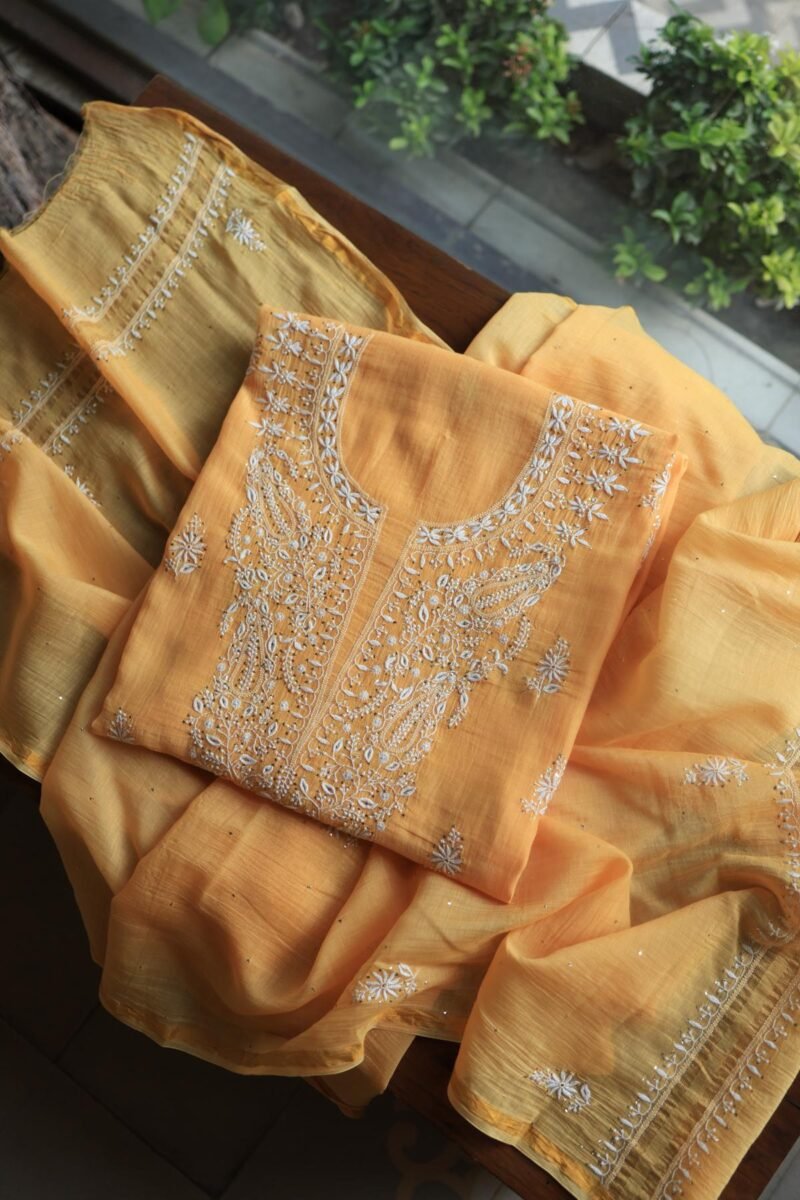 Peach Mal Cotton Chikankari Unstitched Kurta Dupatta Fabrics With Kamdani