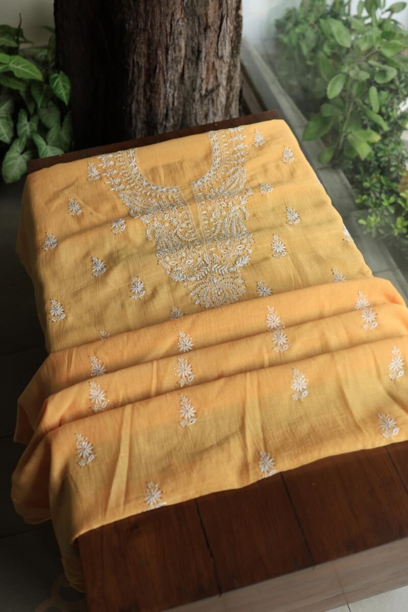 Peach Mal Cotton Chikankari Unstitched Kurta Dupatta Fabrics With Kamdani